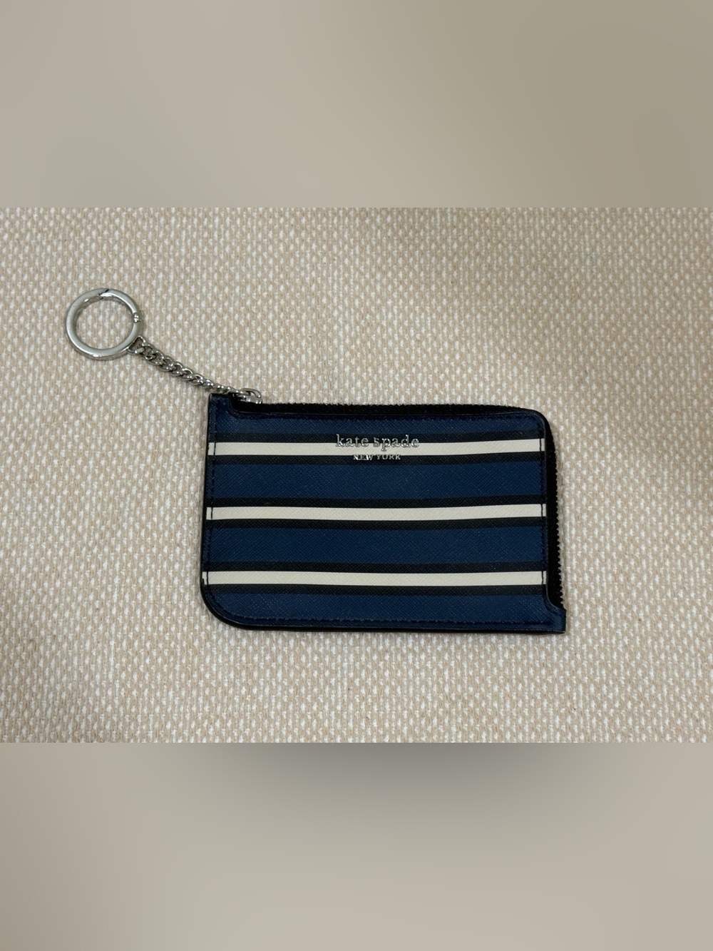 Kate Spade Spencer Stripe Zip Card Holder Navy Cream Leather Wallet - Picture 3 of 6